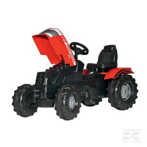 The rollyFarmtrac MF, a red and black Massey Ferguson 7726 pedal-powered children's toy tractor by Rolly Toys, features large wheels and an adjustable seat for ultimate comfort. Suitable for children aged 3 and up.