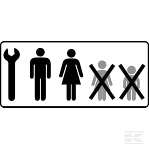 A sign displayed on a Pedal tractor, Deutz Fahr 5120 - R60124 by Rolly Toys shows a wrench, an adult male figure, an adult female figure, and two child figures with X marks over them.