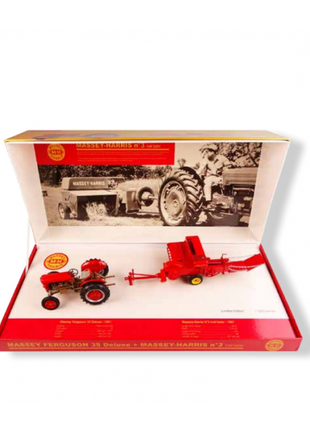 A model set from AGCO, featuring a red MF 35 Deluxe tractor and a Massey-Harris baling press, is presented with historical black-and-white photos in the background, packaged meticulously in an open box.