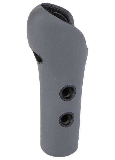 A gray AGCO silicone protective cover designed for handheld devices, featuring two oval openings and a cutout at the top, compatible with Massey Ferguson models' panel knob V34187000.