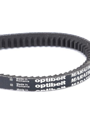 Close-up of a black Massey Ferguson V-belt (V684120918) with text "Made in Romania" visible on the side, showcasing AGCO Genuine V-Belts for enhanced engine performance.