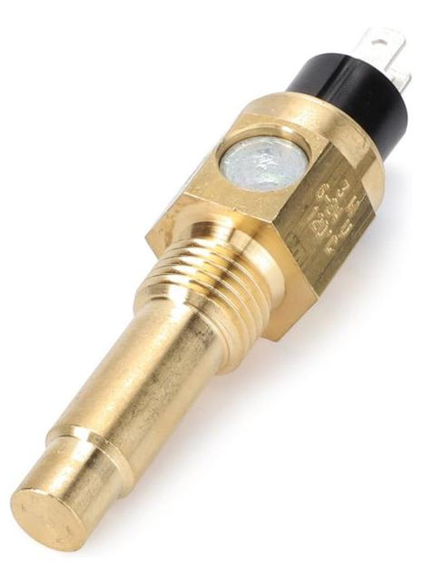 AGCO Massey Ferguson temperature sensor (V836640772) made of brass, featuring a threaded base and a black connector at the top, designed for monitoring or measuring temperature or pressure in mechanical systems, compatible with Massey Ferguson models like the MF 4445 T3.