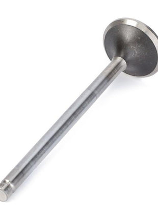 A metallic Massey Ferguson exhaust valve, product number V836646357 by AGCO, featuring a flat rounded end and a cylindrical stem, is shown against a white background.