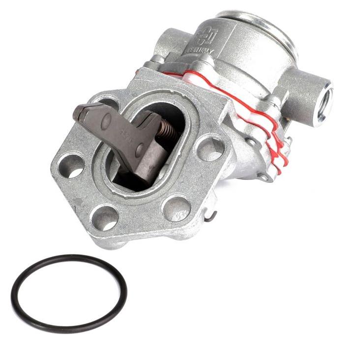 A Massey Ferguson transfer pump (model V836667405) by AGCO, featuring a metal mechanical part with a protruding lever and a separate circular rubber gasket, commonly found in Massey Ferguson tractor models.