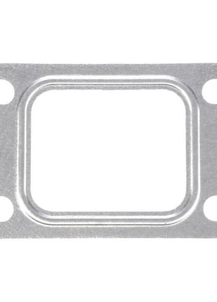 The AGCO Massey Ferguson Gasket Turbo (Product Codes: V836740277 and V836784847) is a rectangular metal gasket compatible with Massey Ferguson tractors, featuring a central opening and four circular mounting holes in each corner.