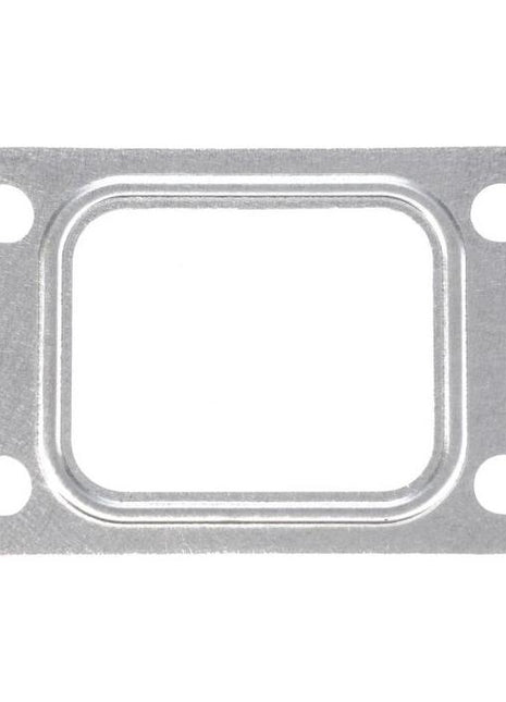 The AGCO Massey Ferguson Gasket Turbo (Product Codes: V836740277 and V836784847) is a rectangular metal gasket compatible with Massey Ferguson tractors, featuring a central opening and four circular mounting holes in each corner.