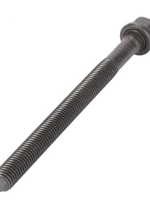 A Massey Ferguson cylinder head bolt (V837069025) by AGCO, featuring a long threaded shaft and washer, ideal for Massey Ferguson machinery.