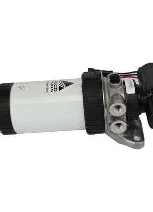 A cylindrical fuel filter water separator branded AGCO, with a white body, black fittings, and attached wiring harness, suitable for Fendt models. The product is named "Massey Ferguson - Transfer pump - V837073629.