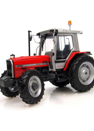 A red Massey Ferguson MF 3080 smart tractor (SCALE 1:32, X993040292000) by AGCO, featuring large black tires, a gray cabin, and a small yellow light on top, is displayed against a plain white background. This model boasts advanced Autotronic systems for superior performance.