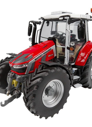 Product: Image of a red Massey Ferguson - MF 5S | 1:32 - X993042106304 farm tractor from the AGCO brand, featuring large front and rear tires, a cabin with clear windows, and various agricultural attachments at the front.