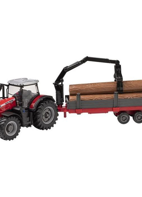 A Massey Ferguson - MF 8740 with Timber Loader and Crane (X993222103000) by AGCO hauling a trailer loaded with large wooden logs, equipped with a mechanical arm for lifting the logs efficiently.