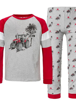 AGCO's Massey Ferguson - Children's Pyjamas MF 8S - X993312215 are crafted from comfortable material, featuring a red and grey long-sleeve shirt with an MF 8S.265 tractor design and matching grey pants adorned with a smaller tractor pattern, complete with ribbed elastane cuffs for added comfort.