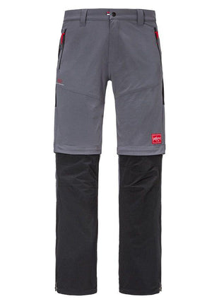 A pair of Massey Ferguson Hiking Trousers (Unisex) by AGCO, model X993322210, featuring two-tone quick-drying fabric with detachable legs. They showcase dark upper sections, light lower sections, red zipper accents, and a red MF logo on the left thigh.