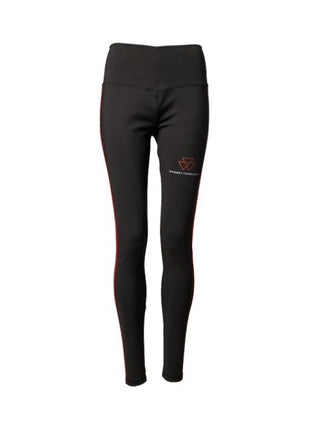 Introducing the Massey Ferguson - Ladies Sport Leggings (X993412215) by AGCO, featuring a sleek black design with a distinctive red logo on the left thigh and a striking red stripe along the outer side of each leg. These leggings are crafted from comfortable material to ensure optimal performance and style.