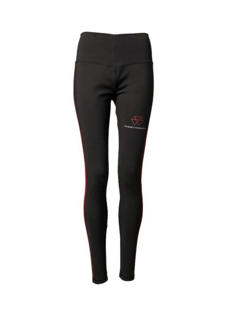 Introducing the Massey Ferguson - Ladies Sport Leggings (X993412215) by AGCO, featuring a sleek black design with a distinctive red logo on the left thigh and a striking red stripe along the outer side of each leg. These leggings are crafted from comfortable material to ensure optimal performance and style.
