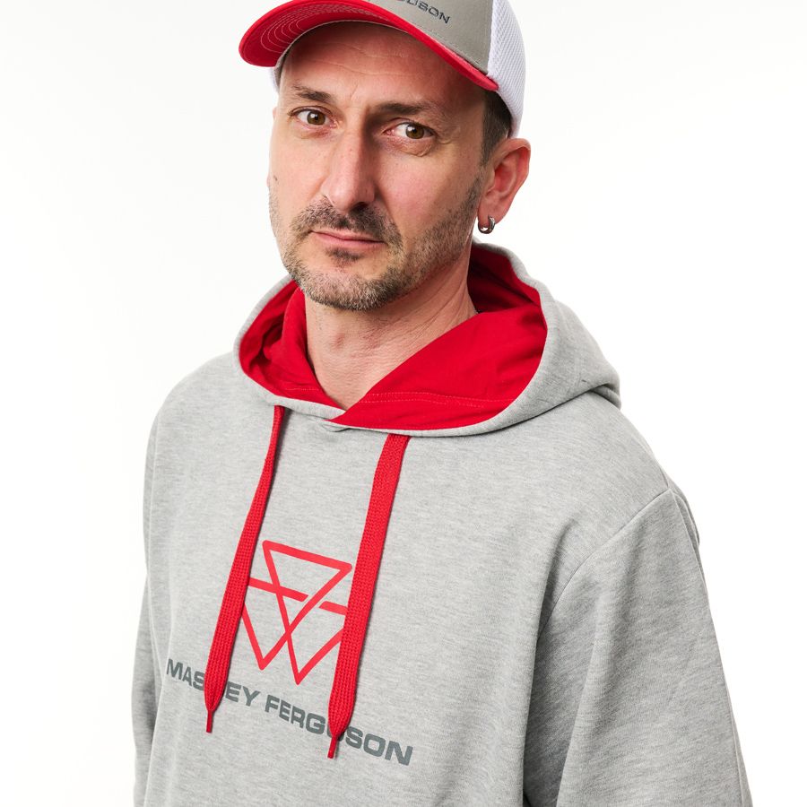 MF Greyline Hoodie with Flocked Logo & Red Hood Lining, Adjustable Drawstrings - Model X993442504