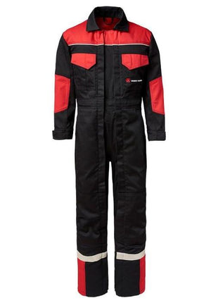 The AGCO Massey Ferguson - Black and Red Children's Double Zip Overalls (X9934520040) feature reflector patches on the legs and a front zipper, designed for durability.