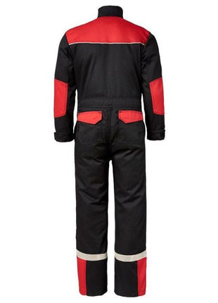 The AGCO Massey Ferguson Black and Red Children's Double Zip Overalls (Product Code: X9934520040) are durable overalls featuring white reflective bands on the legs, along with red patches on the back, elbows, and pockets.