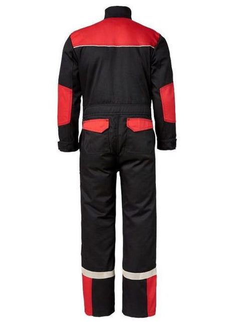 The AGCO Massey Ferguson Black and Red Children's Double Zip Overalls (Product Code: X9934520040) are durable overalls featuring white reflective bands on the legs, along with red patches on the back, elbows, and pockets.