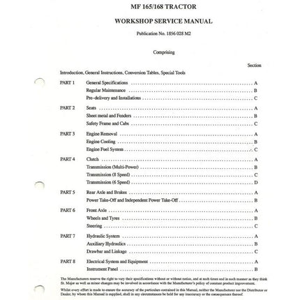 165/168 Workshop Manual - 1856028M2 - Massey Tractor Parts