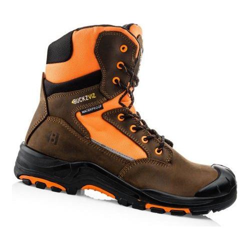 The Buckler - Hi Viz High Leg Zip Waterproof Safety Boots - Bvizor/Br is a waterproof work boot in brown and orange, equipped with slip-resistant rubber soles and a black rubber toe cap. It features high-visibility orange laces and stitching details, along with visible Buckler branding on the side.