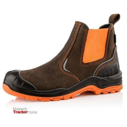 The Buckler - Waterproof Safety Boots - Bviz3Or/Br by Buckler features a single brown work boot with bright orange elastic side panels and a rugged orange sole, designed for durability, protection, and high visibility.