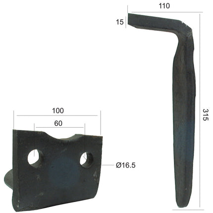 Power Harrow Blade 100x15x315mm RH. Hole centres: 60mm. HoleâŒ€ 16.5mm. Replacement forHoward.
 - S.77190 - Massey Tractor Parts