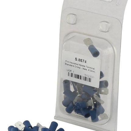 Pre Insulated Spade Terminal, Standard Grip - Male, 6.3mm, Blue (1.5 - 2.5mm) (Agripak 25 pcs.)
 - S.8574 - Massey Tractor Parts