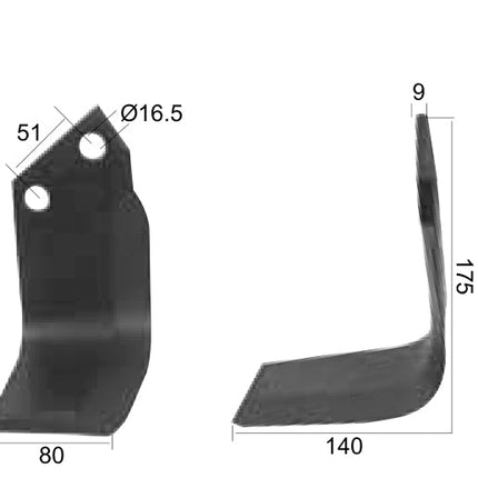 Rotavator Blade Square LH 80x9mm Height: 175mm. Hole centres: 51mm. HoleâŒ€: 16.5mm. Replacement for Dowdeswell, Howard
 - S.77230 - Massey Tractor Parts